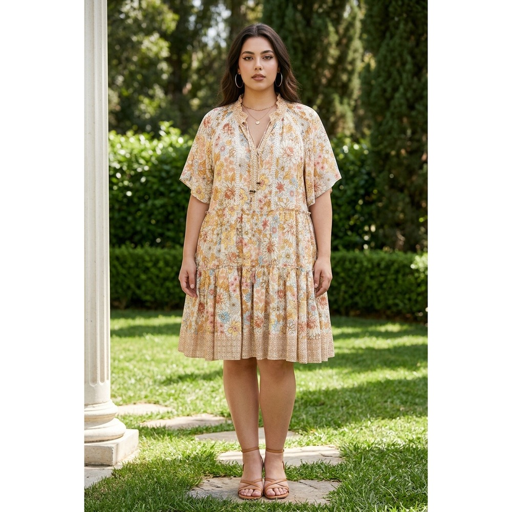 Olivaceous Size L Tiered Mini Dress Muted Boho Floral Print Summer Flowy Coastal